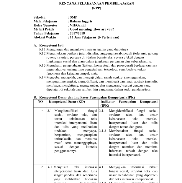 RPP Bahasa Inggris Kelas 7 Revisi 2017 Kurikulum 2013 S1,2