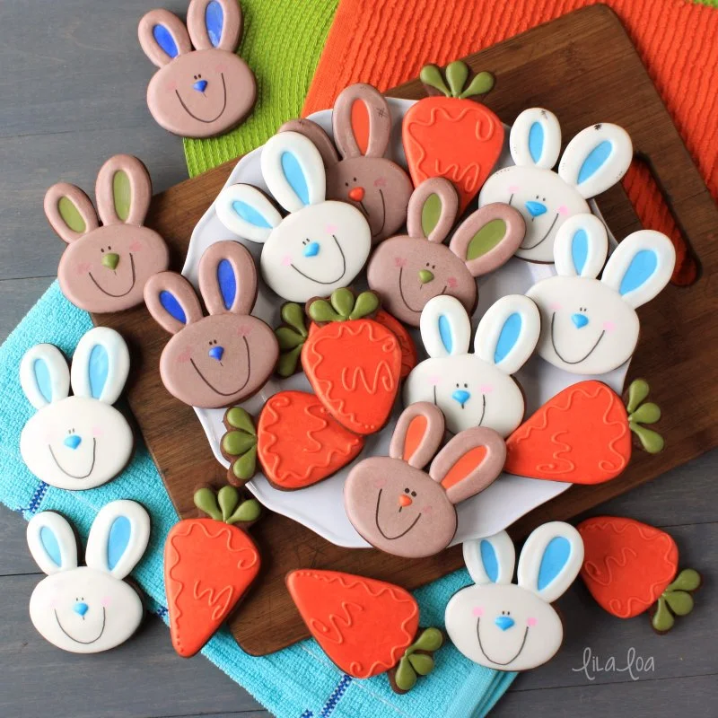 Decorated chocolate sugar cookies for Easter - carrots and bunny sugar cookies