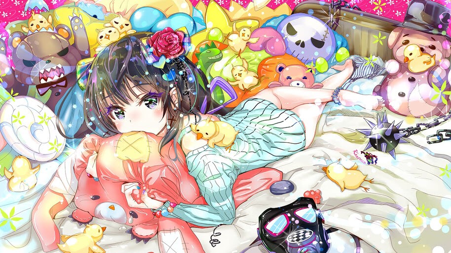 Anime, Cute, Girl, Bed, Stuffed Toys, 4K, #285