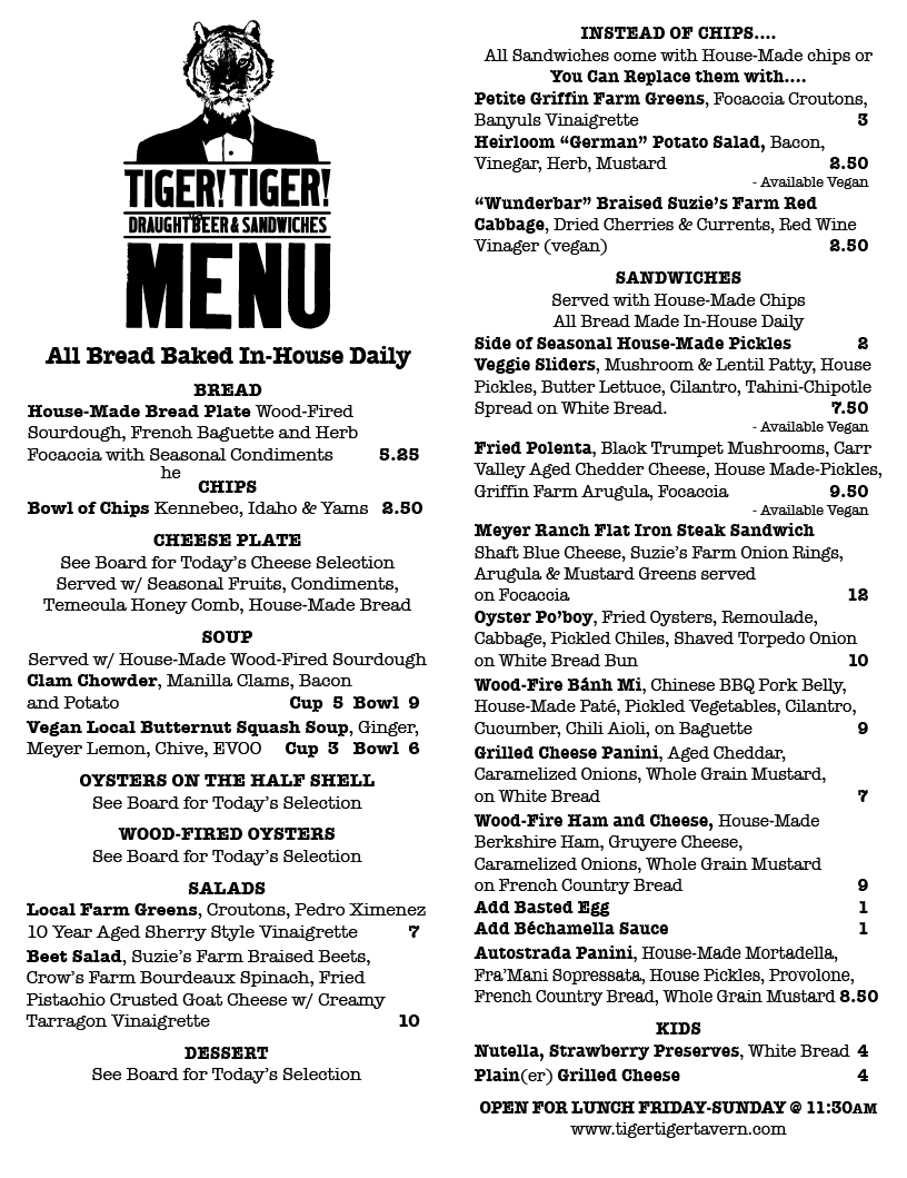 Tiger!Tiger! Current Menu