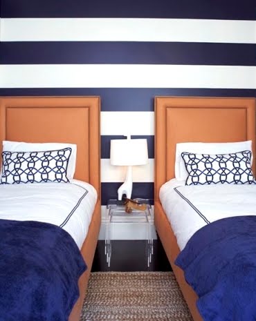 bedroom with blue and white stripes