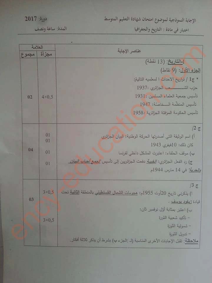 التصحيح النموذجي لموضوع التاريخ و الجغرافيا لشهادة التعليم المتوسط 2017