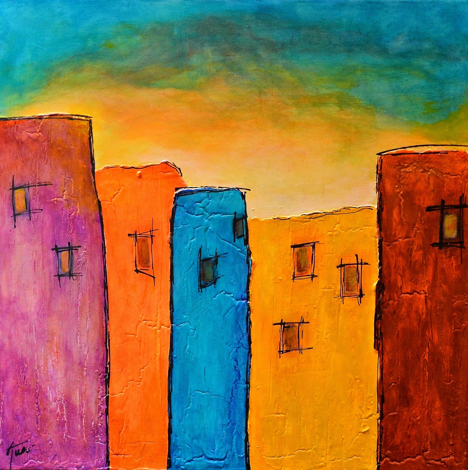 Daily Painters Abstract Gallery "Old Town" Mixed Media, Acrylic, Plaster, Southwest