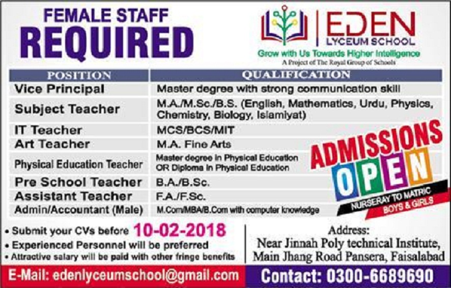 Female Teachers Jobs in EDEN Lyceum School Jobs in Pakistan 2018 for