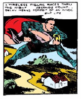 Action Comics (1938) #1 Page 2 Panel 1: Superman carries bound & gagged woman like a football.