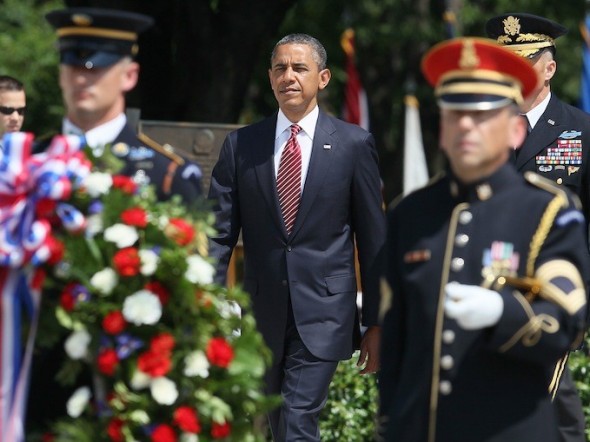 President Obama lays a commemorative wreath during Memorial Day ceremony at the Tomb of the Unknowns at Arlington National Cemetery, May 28, 2012 in Arlington, Virginia. Photo by Mark Wilson / Getty Images.