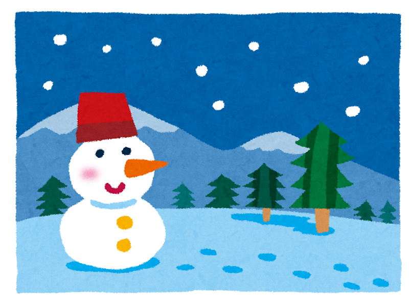 無料イラスト かわいいフリー素材集 雪景色のイラスト 雪だるまとツリー