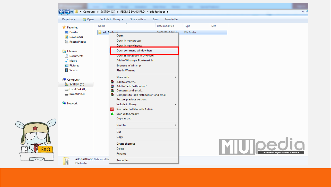 tekan dan tahan tombol SHIFT + klick kanan pada mouse open comman windows here tekan dan tahan tombol SHIFT + klick kanan pada mouse open comman windows here