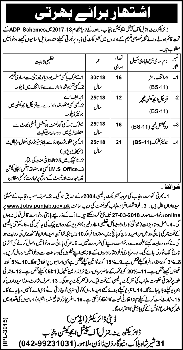 Jobs In Punjab Special Education 2018 for Vocational Teacher and others 
