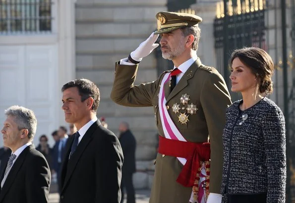 King Felipe and Queen Letizia attended Pascua Militar 2019 celebrations held at Madrid Royal Palace. wear a long dress