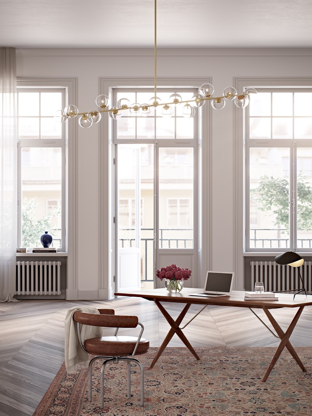 elegant minimalistic scandinavian apartment, writing table, mid century modern