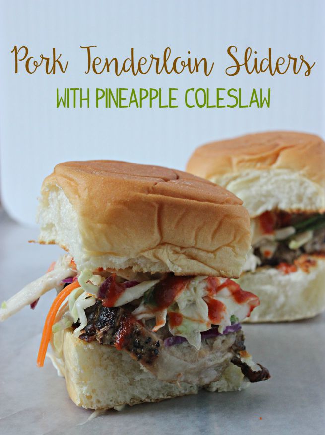 Marinated Pork Tenderloin Sliders with Pineapple Coleslaw.  Tangy.  Spicy.  Juicy.  Fast.  Easy recipe. 