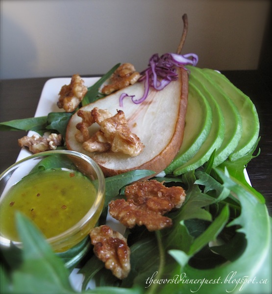 THE WORST DINNER GUEST Roasted Pear and Candied Maple Walnut Salad