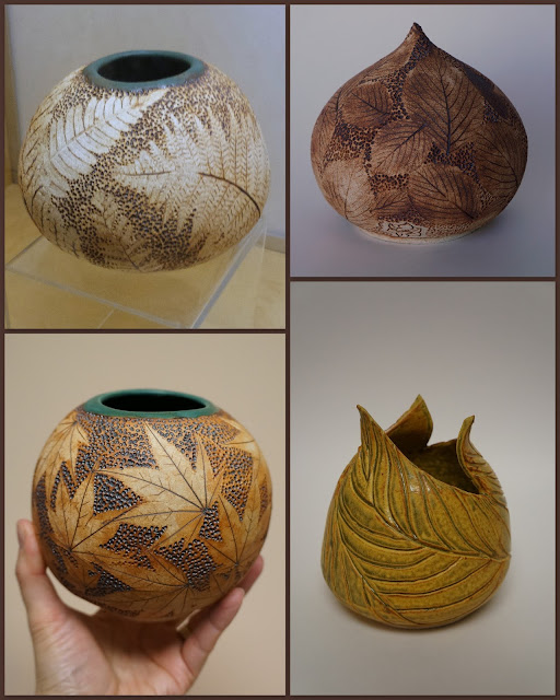 Beautiful leaf imprinted ceramic / pottery vessels by Lily L.