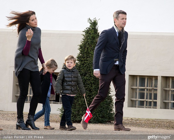 Crown Prince Frederik of Denmark, Crown Princess Mary of Denmark, with, Princess Josephine, and Prince Vincent, attend The traditional morning greeting at Fredensborg Palace, for Queen Margarethe II of Denmark on her 75th Birthday, 