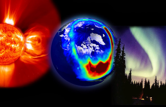 composite image of the sun, coronal mass ejection, the Earth's magnetic field and the northern lights