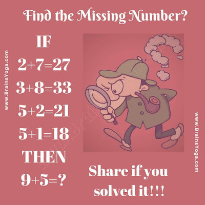 If 2+7=27, 3+8=33, 5+2=21, 5+1=18 Then 9+5=?. Can you solve this Mental Ability Test Puzzle?