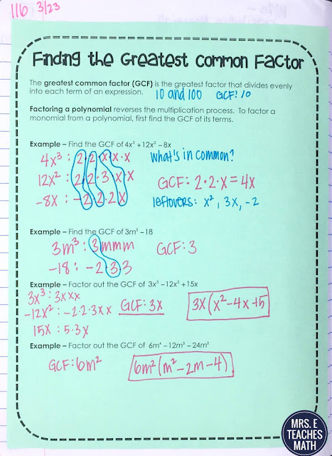 Finding the Greatest Common Factor Notes for Algebra 1