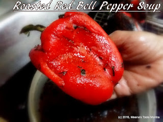 Roasted Red Bell Pepper Soup - Clean Roasted Bell Pepper in a bowl of cold water