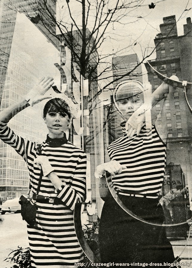 1964 fashion black white stripe striped noir blanc rayure 1960 60s New York Park Avenue mode Galeries Lafayette Printemps Luc Champagnac Peladan bijou bracelet Adrien page sac bag mod France 