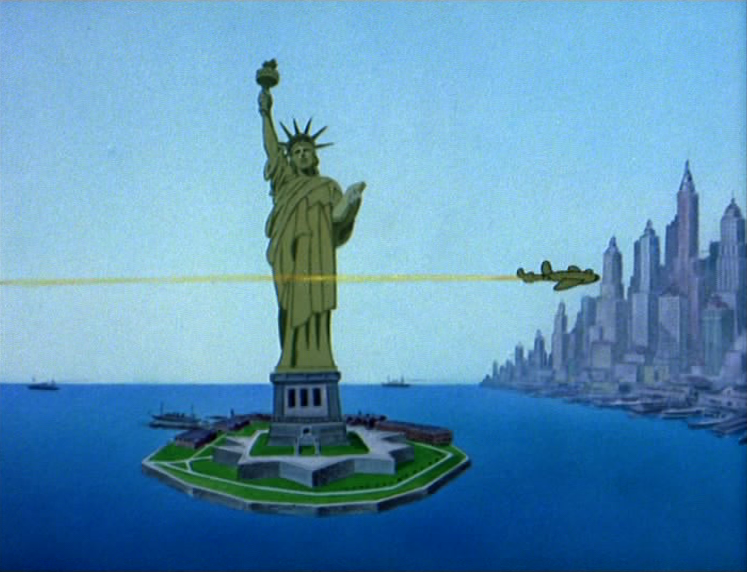 Little Johnny Jet and his dad whizz past the Statue of Liberty in their Osc...