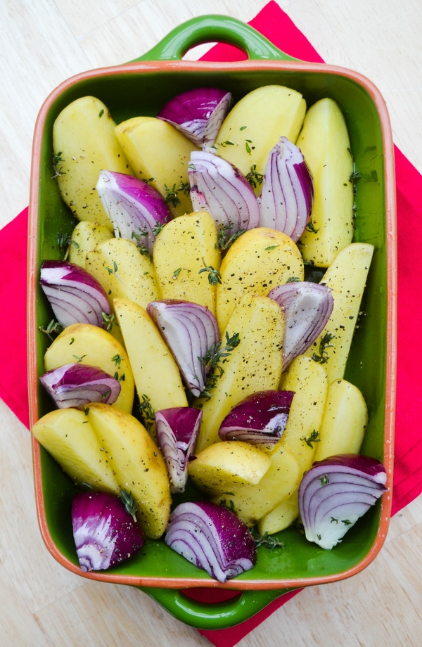 Roast Potato and Double Red Onion Bake Tinned Tomatoes