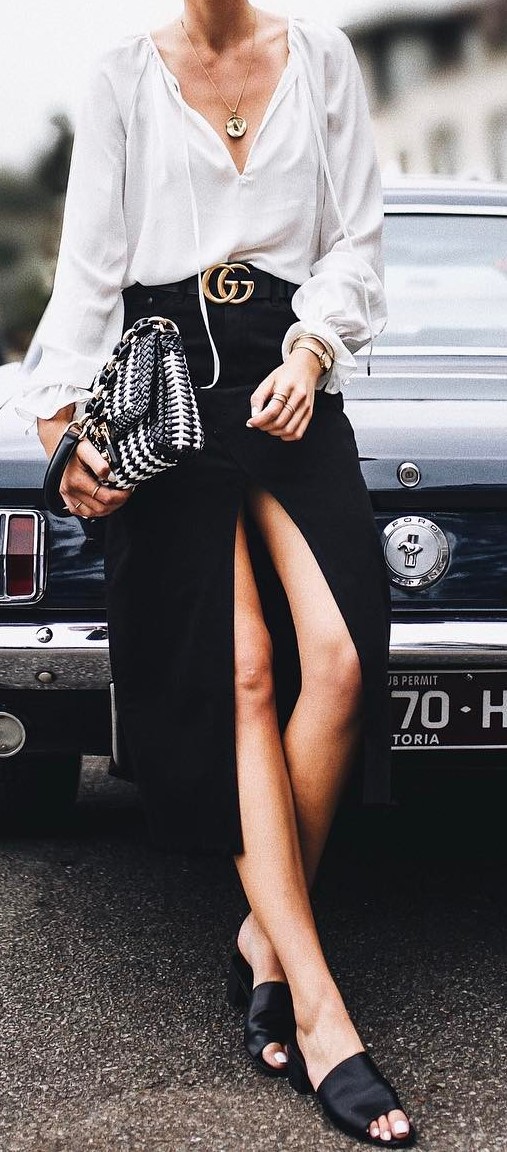 black and white outfit idea: blouse + maxi skirt