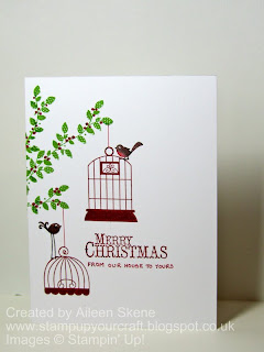 Stampin Up Aviary set with cages and birds hanging from Borderline Branch Merry Christmas from our house to yours