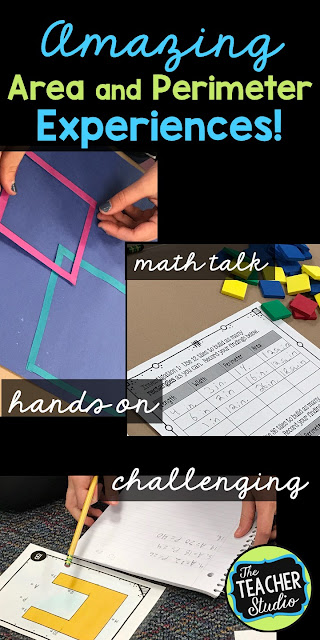 area and perimeter, area, perimeter, problem solving, hands on learning, math discourse, fourth grade, third grade, 4th grade, 3rd grade, geometry, measurement, cooperative learning, constructivist learning, assessment, task cards