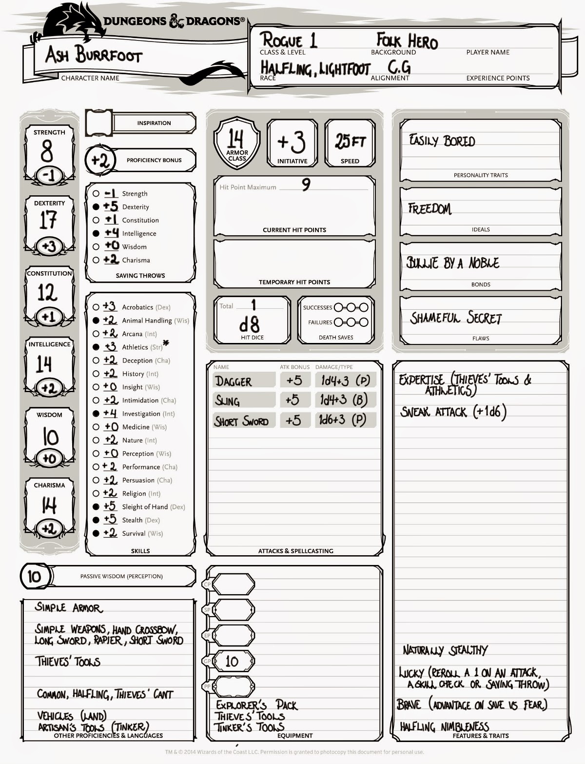 Halfling Rogue Character Sheet