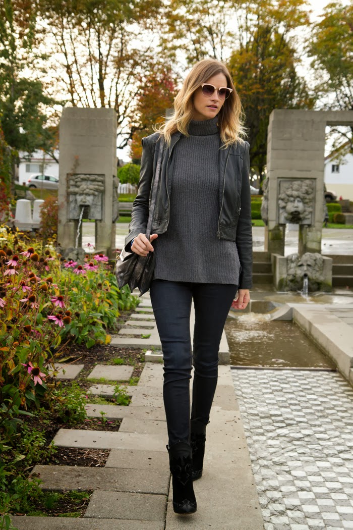 Vancouver Fashion Blogger, Alison Hutchinsons, wearing deep blue rag & bone skinny jeans, a grey turtleneck aritzia sweater, black leather jacket from forever 21, a silver botkier valentina bag, and black boots from zara 