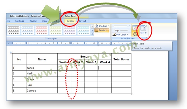 Gambar: Cara mengakses tombol Eraser di Microsoft Word 2007 untuk menghapus border kolom dan menggabungkan kolom
