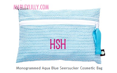 Monogrammed Aqua Seersucker Cosmetic Bag