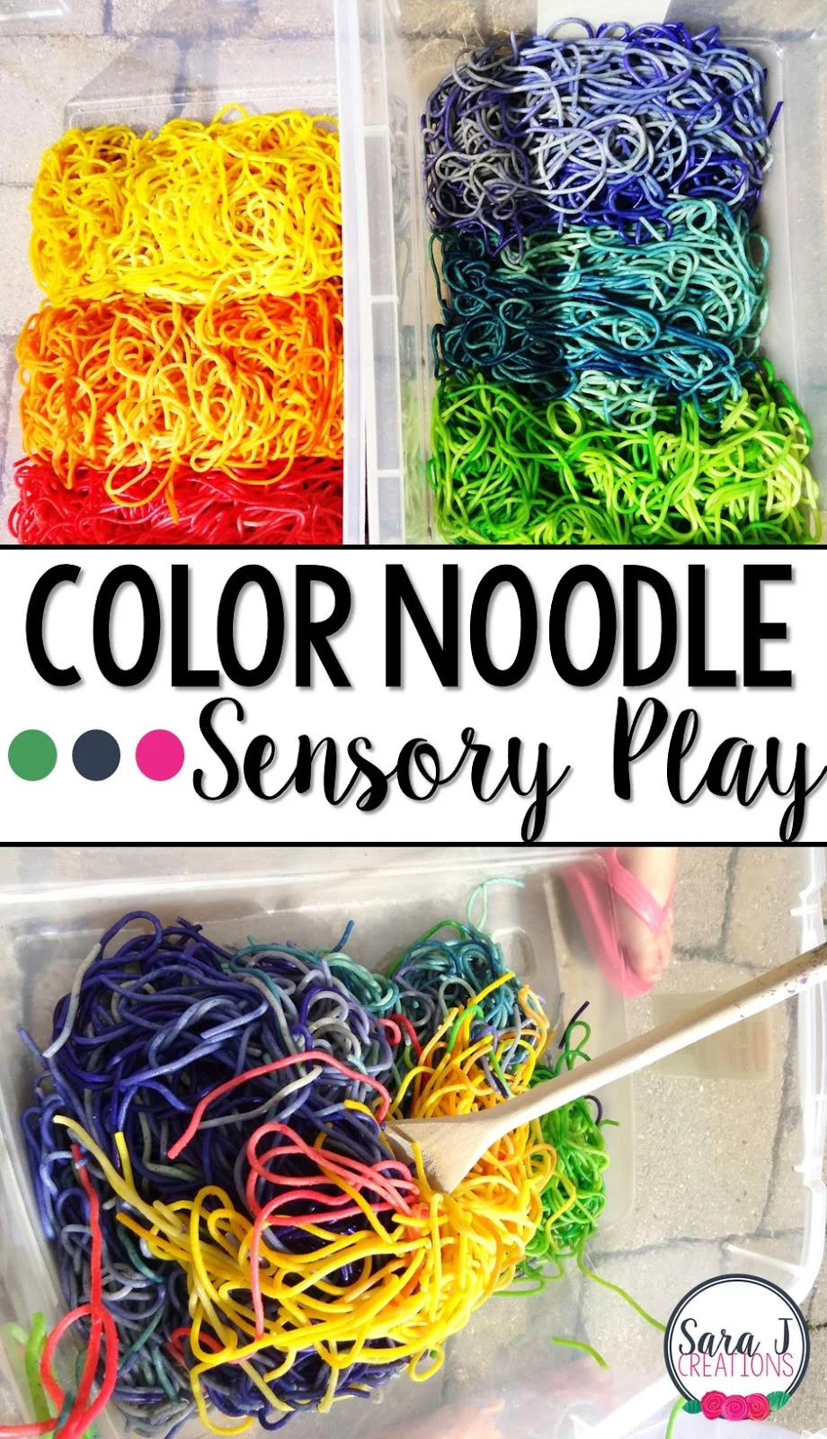 A fun colorful sensory bin with rainbow noodles.  Read all about my pinterest fail and pinterest wins with this activity.  
