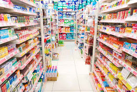 aisle, drug store, shelves