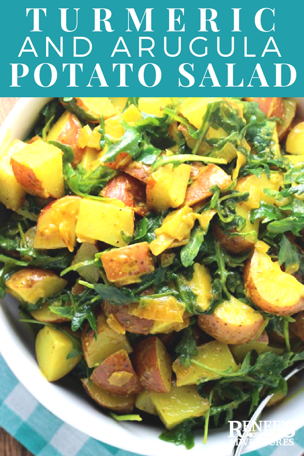Turmeric Potato Salad | Renee's Kitchen Adventures - easy side dish recipe for potato salad made with turmeric, red potatoes, arugula with a mustard vinaigrette. Does not have mayonnaise in it. Vegan and Vegetarian 