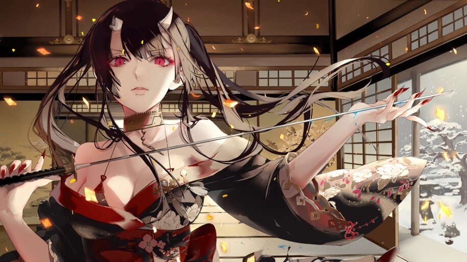 Anime, Girl, Demon, Girl, Katana, Kimono, 4K, #4.2405