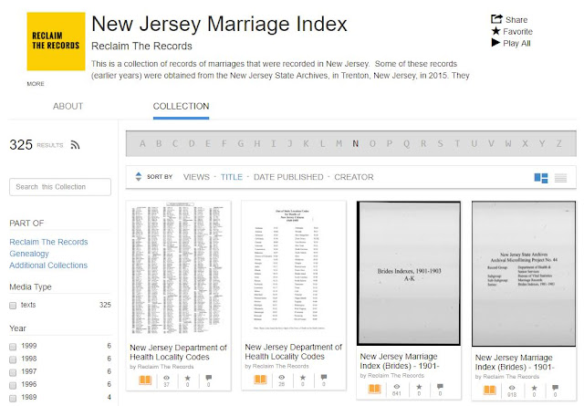 Reclaim the Records -- New Jersey Marriage Index, 1901-2016, Now Available for FREE!