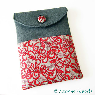 Handmade Kindle Case in Designer red floral cotton accented with charcoal grey