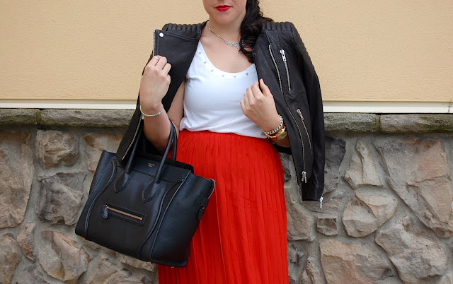 H&M Icons leather jacket, red pleated maxi skirt, Express tank top, Material Girl sunglasses and Celine Mini Luggage Tote.