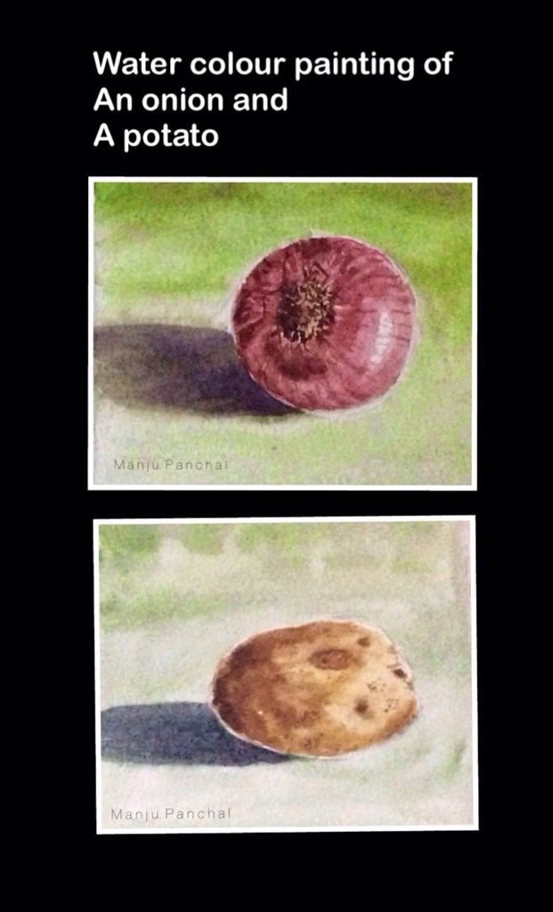 still life painting of an onion and a potato by Manju Panchal