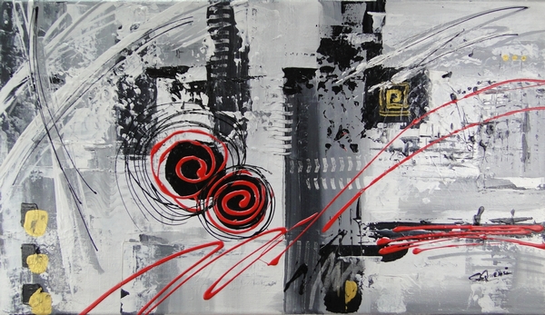 Tableau contemporain, peinture CELYM Gris, noir, blanc, rouge, or pour décoration intérieure