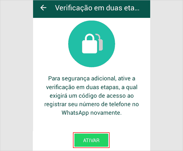 Iniciando a ativação da verificação em duas etapas no WhatsApp