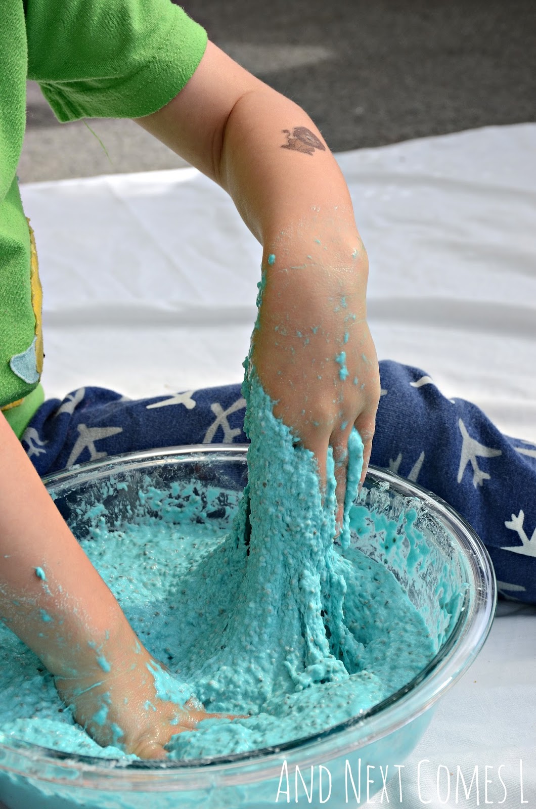 Sensory play with edible sludge from And Next Comes L