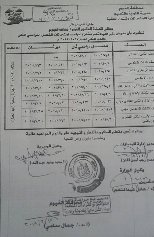 جداول امتحانات محافظة الفيوم الترم الثاني 2018 0%2B%25286%2529