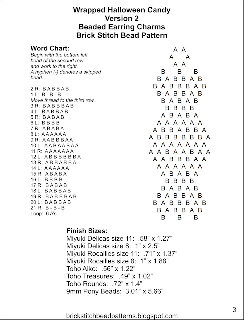 Free brick stitch seed bead earring pattern letter chart with word chart.