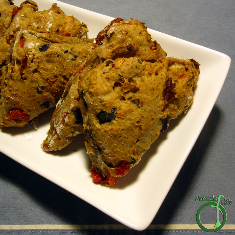 Morsels of Life - Mediterranean Scones - Savory scones with chunks of feta cheese, olives, basil pesto, sun roasted tomatoes, and roasted red peppers - full of Mediterranean flavor.