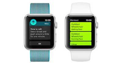 two apple watches showing different screens. One shows "time to roll! take a break and push around a little for one minute". The other shows activity tracking options for wheelchair users - "outdoor wheelchair walking pace" and "outdoor wheelchair running pace".