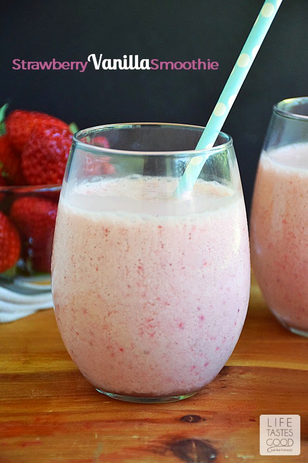 Strawberry Vanilla Smoothie | by Life Tastes Good is a refreshing drink that gets kicked up a notch with the addition of Pure Tahitian Vanilla. The vanilla adds just the right touch and compliments the strawberries perfectly! #VanillaWeek