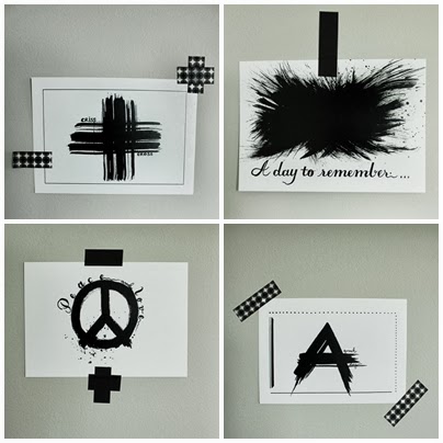 svarta och vita prints, artprints, vykort, sätta upp vykort på väggen, washitejp, svarta och vita prints